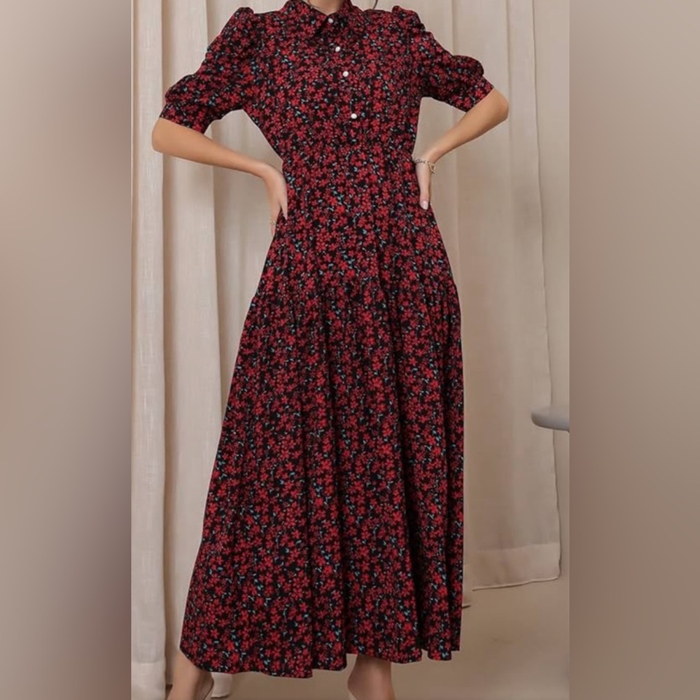 SHEIN Red/Black Floral Puff Sleeve, Shirt Dress, Tiered Maxi Dress size M